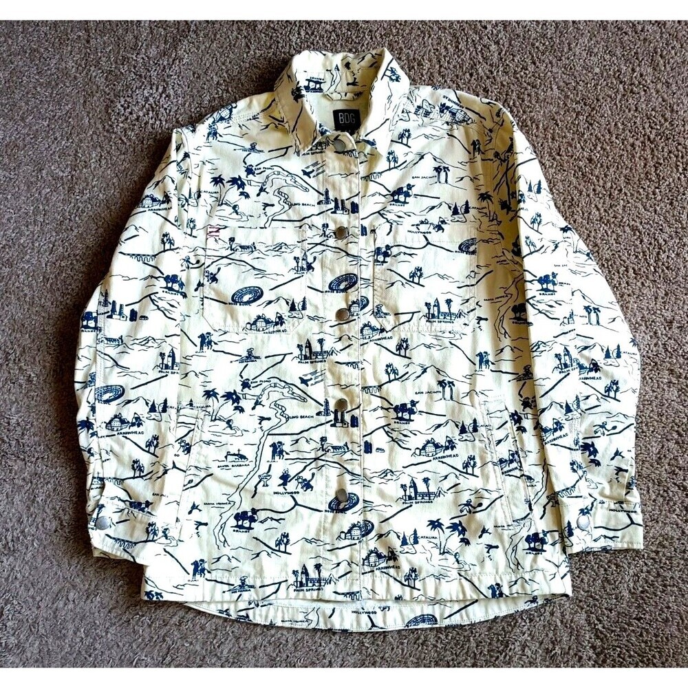 Urban Outfitters BDG Shirt Jacket Men's Small Graphic Print Yellow Denim Pockets